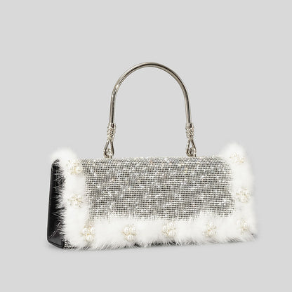 Ostrich Fur Pearl Rhinestone Bag