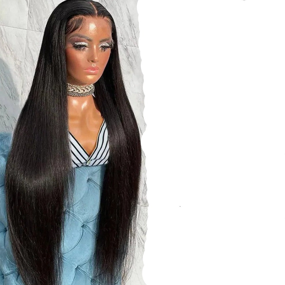 Real Human Hair Lace Wig Set Straight Hair Black Medium Length