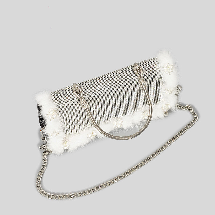 Ostrich Fur Pearl Rhinestone Bag